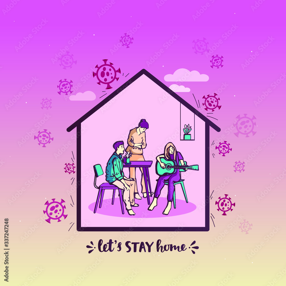 I stay at home awareness social media campaign and coronavirus prevention: family smiling and staying together. colorful coronavirus vector I stay at home awareness social media campaign and coronavirus prevention: family smiling and staying together. colorful coronavirus vector