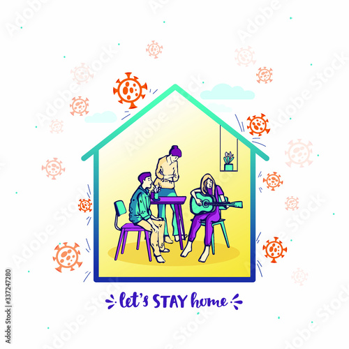 I stay at home awareness social media campaign and coronavirus prevention: family smiling and staying together. colorful coronavirus vector