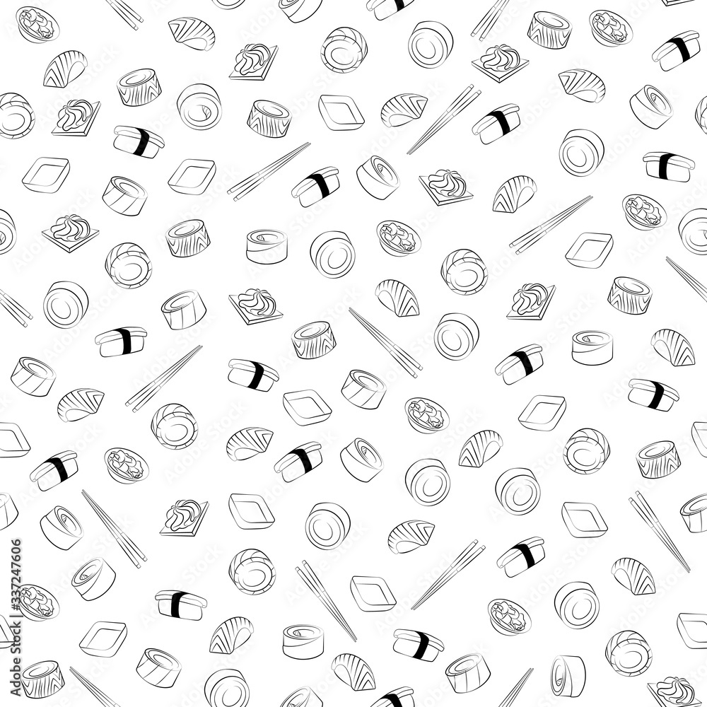 Seamless vector isolated texture of nigiri, sauces, sushi. Linear, minimalistic background. Sushi with avocado and salmon, rolls, wasabi, ginger. Seamless vector isolated texture of nigiri, sauces, sushi. Linear, minimalistic background. Sushi with avocado and salmon, rolls, wasabi, ginger.