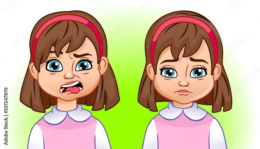 Emotions of a girl. Aversion, sadness. Cartoon, cute baby. Emotions of a girl. Aversion, sadness. Cartoon, cute baby.