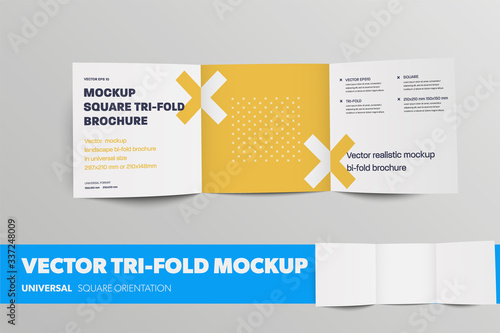 Template of open vector booklet, standard square tri-fold, with realistic shadows, isolated on background.