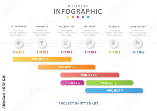Infographic template for business. 6 Steps Modern Timeline diagram calendar with grantt chart, presentation vector infographic.