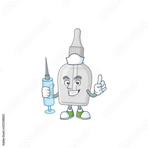 Friendly Nurse bottle with pipette mascot design style using syringe