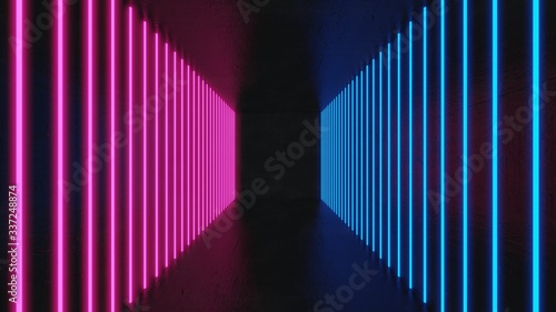 3D Render abstract neon background, Virtual reality ,Sci-Fi Modern Empty Stage Reflective Concrete Room, pink blue spectrum vibrant colors