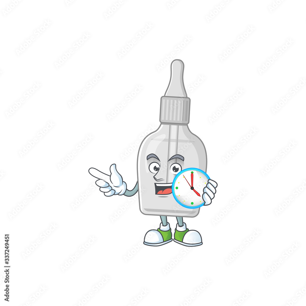 Bottle with pipette mascot design concept holding a circle clock Bottle with pipette mascot design concept holding a circle clock