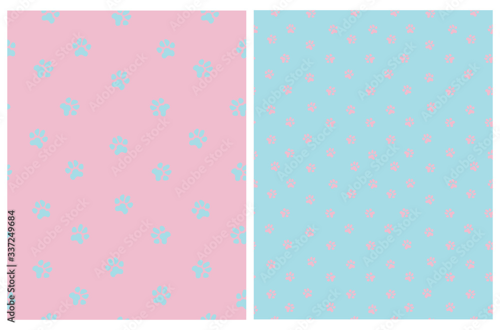 Cute Hand Drawn Seamless Vector Patterns for Dog Lovers. Pink Dog's Paw Prints Isolated on a Pastel Blue Background. Funny Repeatable Design with Blue Dog Paws on a Light Pink Layout. Cute Hand Drawn Seamless Vector Patterns for Dog Lovers. Pink Dog's Paw Prints Isolated on a Pastel Blue Background. Funny Repeatable Design with Blue Dog Paws on a Light Pink Layout.