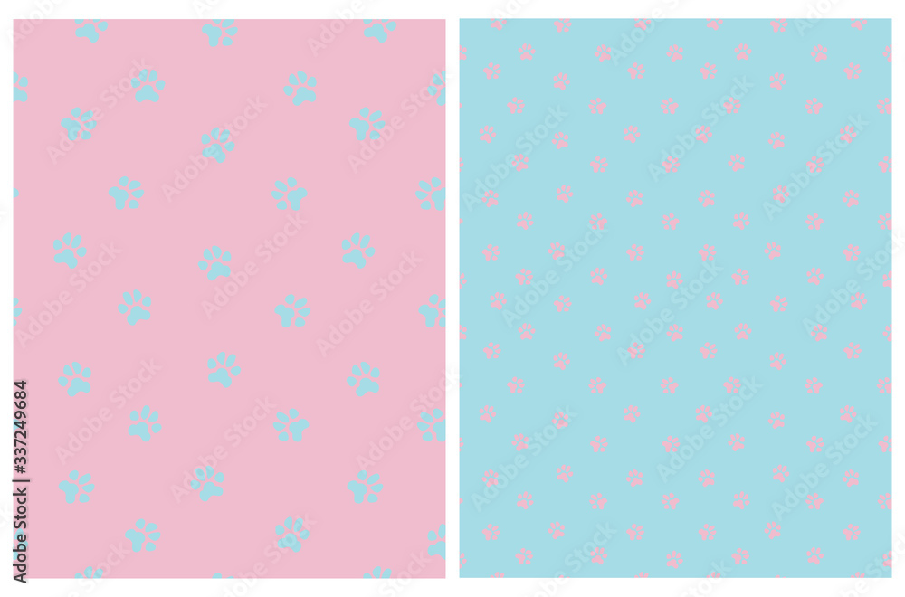 Cute Hand Drawn Seamless Vector Patterns for Dog Lovers. Pink Dog's Paw Prints Isolated on a Pastel Blue Background. Funny Repeatable Design with Blue Dog Paws on a Light Pink Layout.