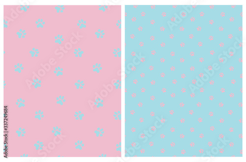 Cute Hand Drawn Seamless Vector Patterns for Dog Lovers. Pink Dog's Paw Prints Isolated on a Pastel Blue Background. Funny Repeatable Design with Blue Dog Paws on a Light Pink Layout.