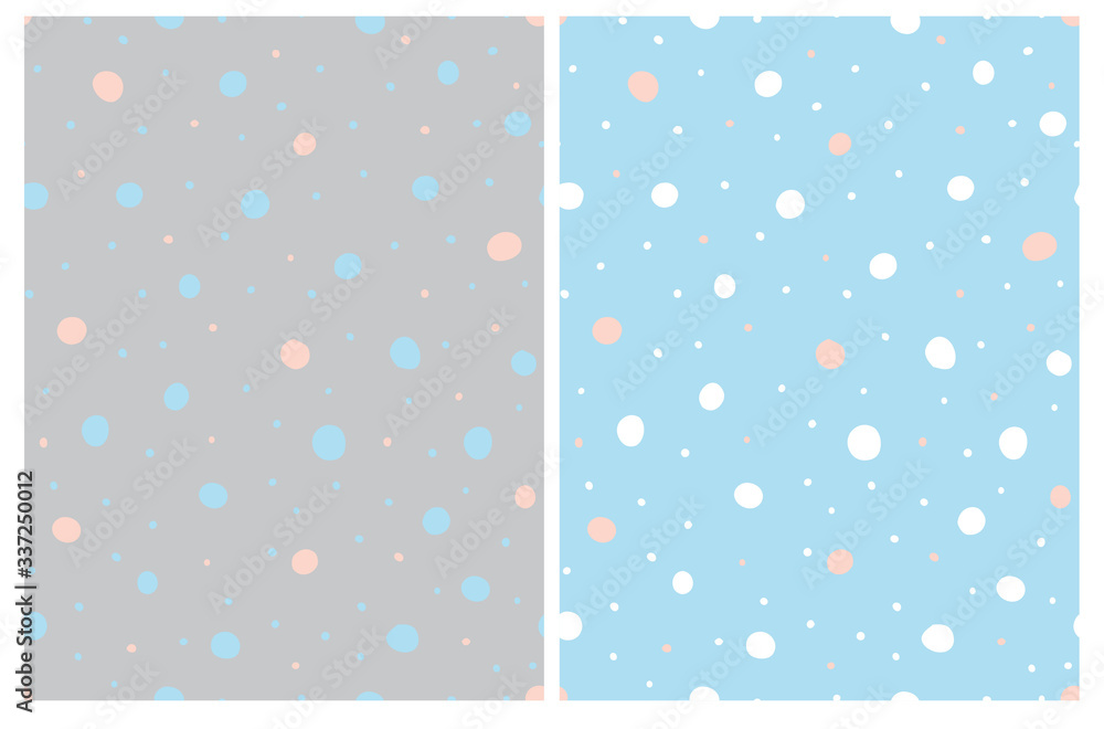 Simple Hand Drawn Irregular Dots Seamless Vector Patterns. White, Blue and Pink Polka Dots Isolated on a Gray Background. Various Size Dots on a Light Blue Layout. Abstract Irregular Dotted Print. Simple Hand Drawn Irregular Dots Seamless Vector Patterns. White, Blue and Pink Polka Dots Isolated on a Gray Background. Various Size Dots on a Light Blue Layout. Abstract Irregular Dotted Print.