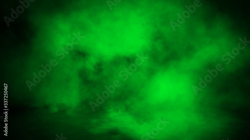 Smoke on the floor. Isolated black background. Misty green fog film effect texture overlays for text or space.