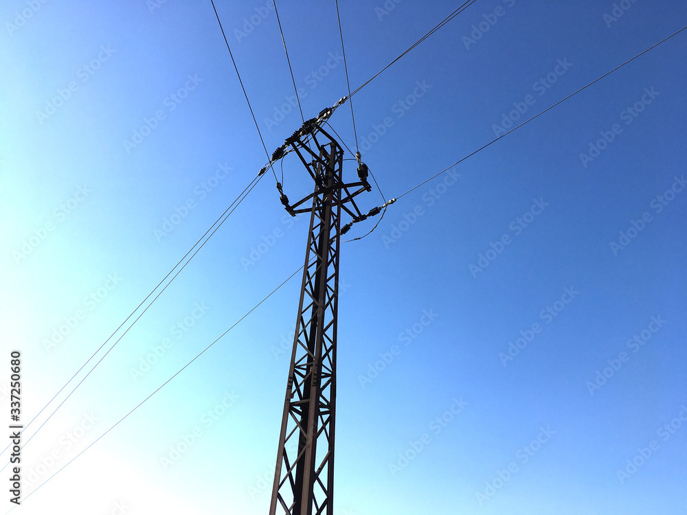 Electric pole, column with wires, high power transmission tower isolated Electric pole, column with wires, high power transmission tower isolated