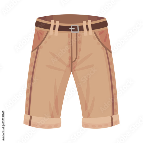Light Brown Shorts or Knee Breeches with Side Pockets and Belt as Male Clothing Item Vector Illustration