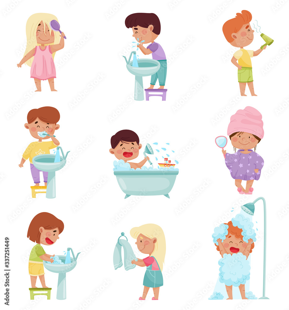 Kid Characters Taking Bath and Brushing Teeth Vector Illustrations Set Kid Characters Taking Bath and Brushing Teeth Vector Illustrations Set