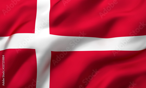 Flag of Denmark blowing in the wind. Full page Danish flying flag. 3D illustration.