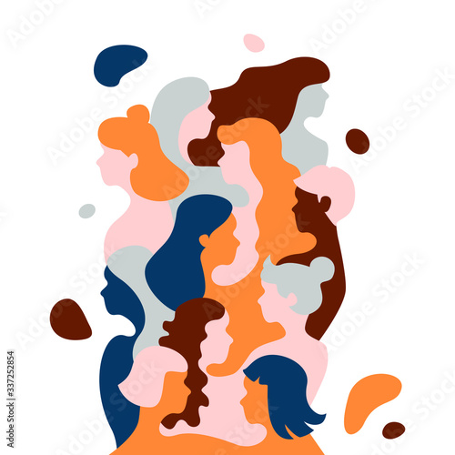 Vector illustration.
Image of different women, with different skin colors, with different hair, with different shapes. Tolerance, equality, feminism, self-acceptance.