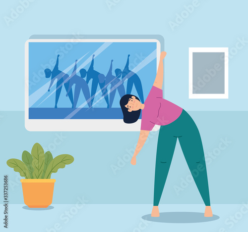woman practicing exercise in the house vector illustration design