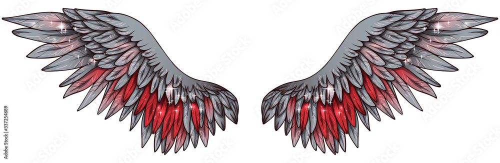 Obraz Beautiful magic glittery angelic grey wings with red feathers, vector