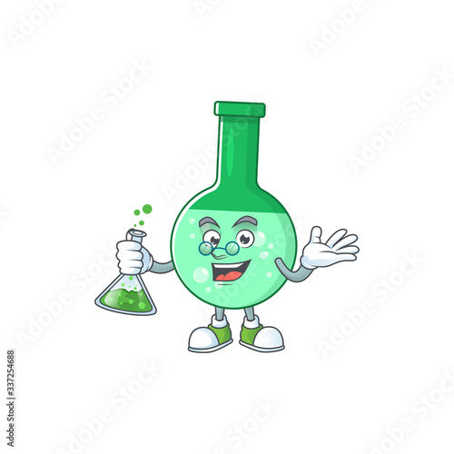 Green chemical bottle genius Professor Cartoon character holding glass tube