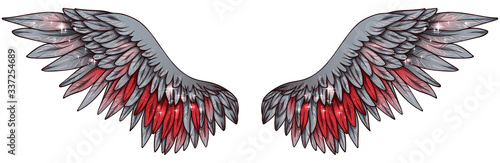 Billede på lærred Beautiful magic glittery angelic grey wings with red feathers, vector