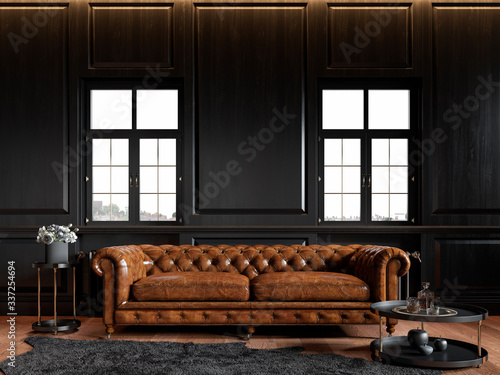 Classic loft black interior with wood panel, chesterfield couch, carpet, flowers, coffee table and windows. 3d render illustration mock up. photo