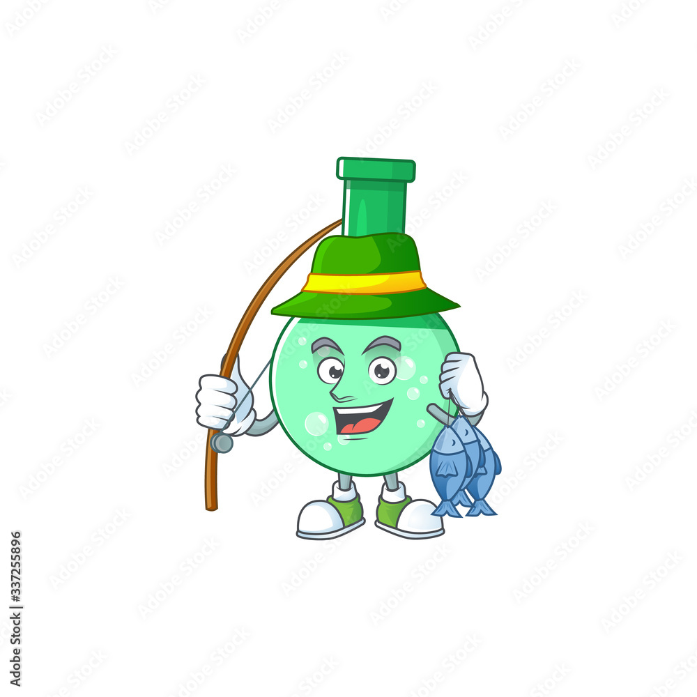 A Picture of green chemical bottle fisher mascot design catch a fish