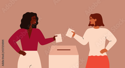Two Strong girls are putting paper ballot in box. Women activists are calling for votes. Voting and Election concept. Pre-election campaign.