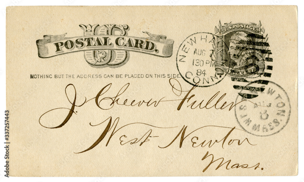 New Haven, Connecticut - West Newton, Massachusetts, The USA - 7-8 August 1884: US historical Post Card with black text in vignette, Imprinted One Cent stamp, Fancy cancel 6
New Haven, Connecticut - West Newton, Massachusetts, The USA - 7-8 August 1884: US historical Post Card with black text in vignette, Imprinted One Cent stamp, Fancy cancel 6