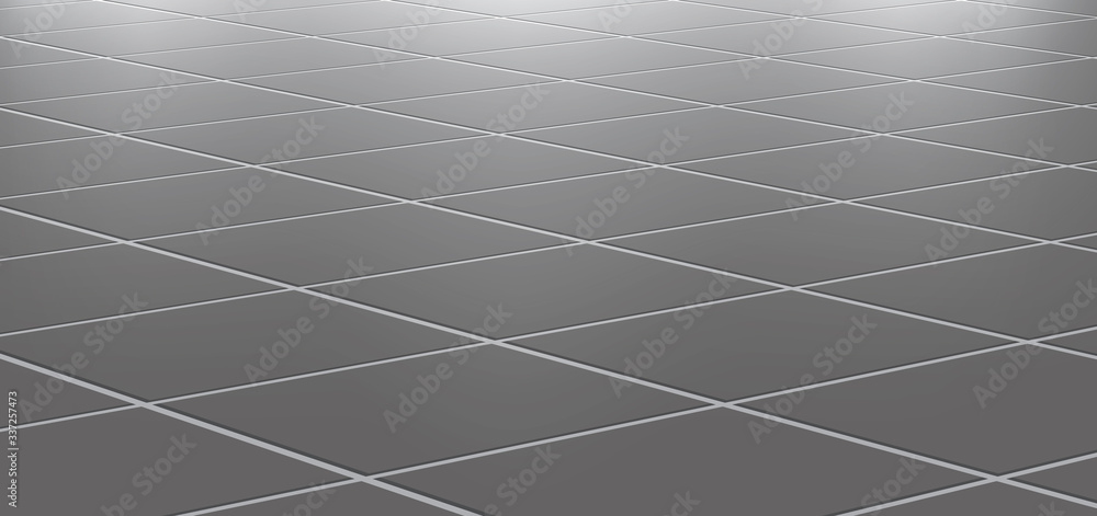 Ceramic tiles in the kitchen or bathroom on the floor 3d. Realistic gray square terracotta. Perspective and light - vector illustration. - obrazy, fototapety, plakaty 