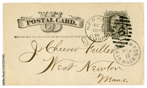 New Haven, Connecticut - West Newton, Massachusetts, The USA - 7-8 August 1884: US historical Post Card with black text in vignette, Imprinted One Cent stamp, Fancy cancel 6
