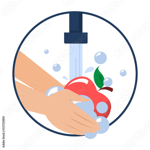 Hand washing apple vector isolated. Wash fruits