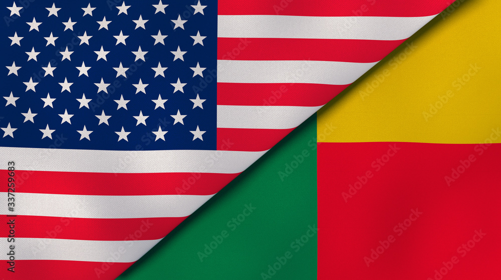 Obraz premium The flags of United States and Benin. News, reportage, business background. 3d illustration
