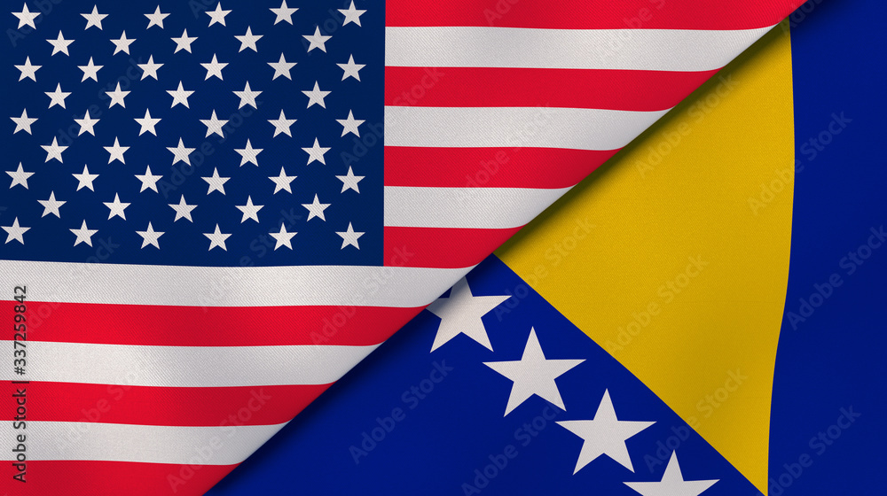 Fototapeta premium The flags of United States and Bosnia and Herzegovina. News, reportage, business background. 3d illustration