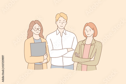 Business, team, collaboration, partnership concept. Group of young business people partners clerks managers colleagues employees businessman and women together. Cooperation or collaboration in office.