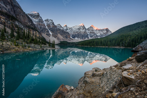 Moraine Lake is a glacier lake in Banff National Park, Canada. It lies fourteen kilometres from the village of Lake Louise in the Valley of the Ten Peaks