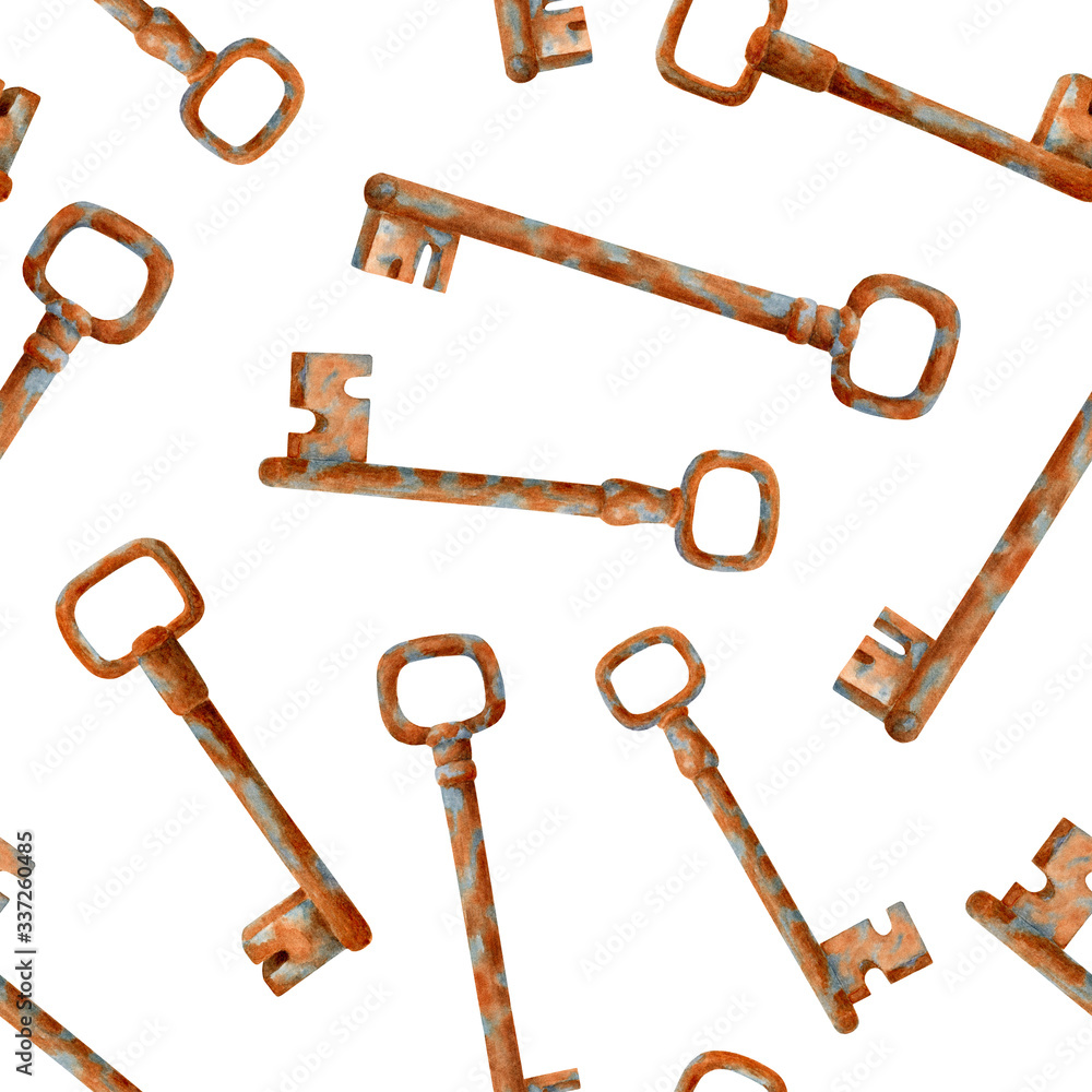 Watercolor old rusty keys seamless pattern. Hand drawn vintage rustic elements isolated on white background. Illustration for cards, posters, Halloween decoration, design, package. Watercolor old rusty keys seamless pattern. Hand drawn vintage rustic elements isolated on white background. Illustration for cards, posters, Halloween decoration, design, package.