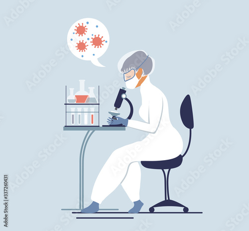Medicine Scientist research and analysis in laboratory.  Diagnose checking testing and Science experiment. Vector illustration