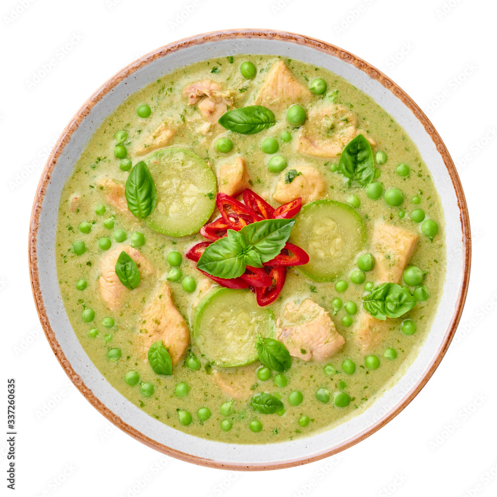 Thai Green Curry with Chicken or Gaeng Kaew Wan Gai isolated on white