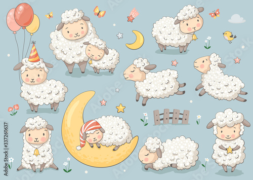 Cute sheep set.  Vector characters for birthday, invitation, baby shower card, kids t-shirts and stickers kit. Hand drawn nursery illustration. 