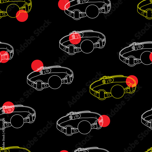 Vector ball gag sex toy on a black background. Contour illustration. Seamless pattern for sexy design
