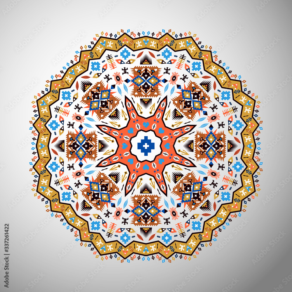 Ornamental round colorful geometric pattern in aztec style