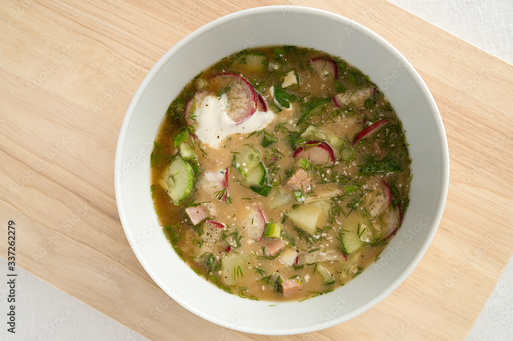 russian summer soup with smoked turkey, vegetables, and sour cream russian summer soup with smoked turkey, vegetables, and sour cream
