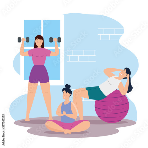 group of women home workout vector illustration design