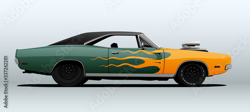 Racing muscle car in vector with flames on body. 