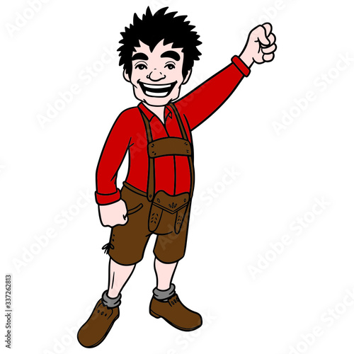 Young man with black spiky hair wears traditional Bavarian lederhosen and holds his hand up in the air.