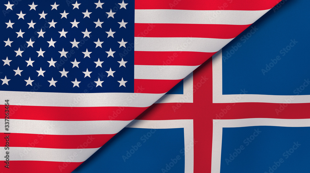 The flags of United States and Iceland. News, reportage, business background. 3d illustration