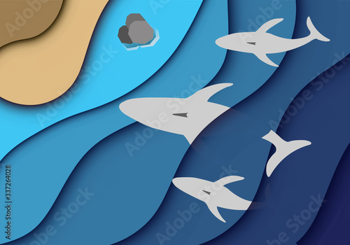 PrintWhale in blue sea Spiral waves Have a beach and Rocks Vector image illustrator