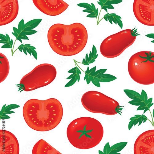 Seamless pattern with fresh red tomatoes fresh red tomatoes. Half a tomato, a slice of tomato.