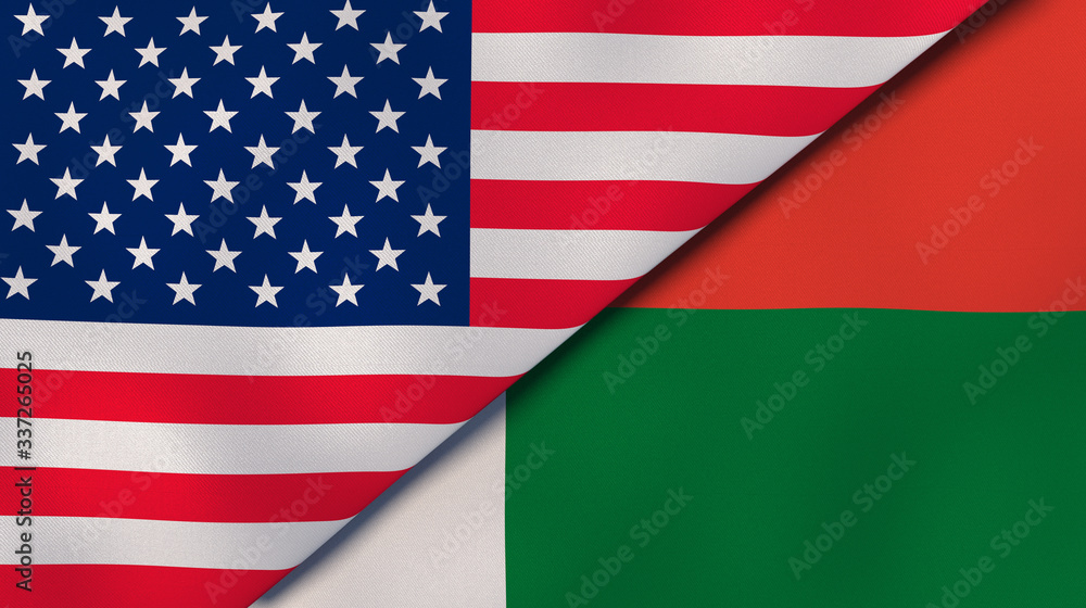 The flags of United States and Madagascar. News, reportage, business background. 3d illustration The flags of United States and Madagascar. News, reportage, business background. 3d illustration