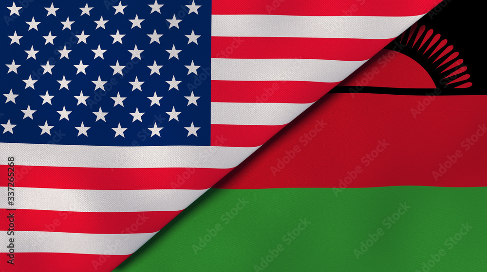 The flags of United States and Malawi. News, reportage, business background. 3d illustration The flags of United States and Malawi. News, reportage, business background. 3d illustration