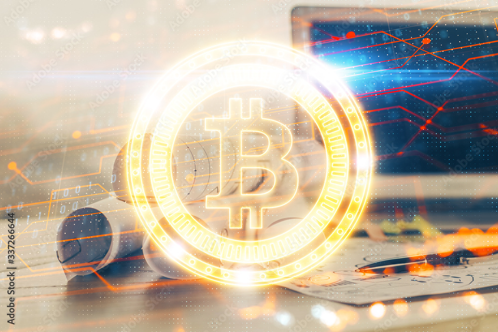 Double exposure of blockchain and crypto economy theme hologram and table with computer background. Concept of bitcoin cryptocurrency. Double exposure of blockchain and crypto economy theme hologram and table with computer background. Concept of bitcoin cryptocurrency.